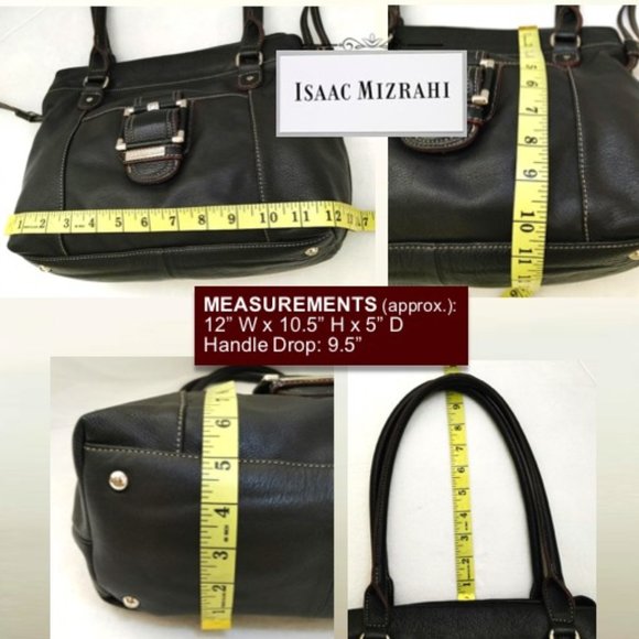 Isaac Mizrahi Black Leather Shoulder Bag Handbag Tote Satchel Magnet Drawstrings - Picture 12 of 13